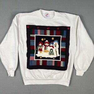 VTG Snowman Christmas Sweatshirt Fits M‎ Patchwork 1990s Quilt Grandma Ugly